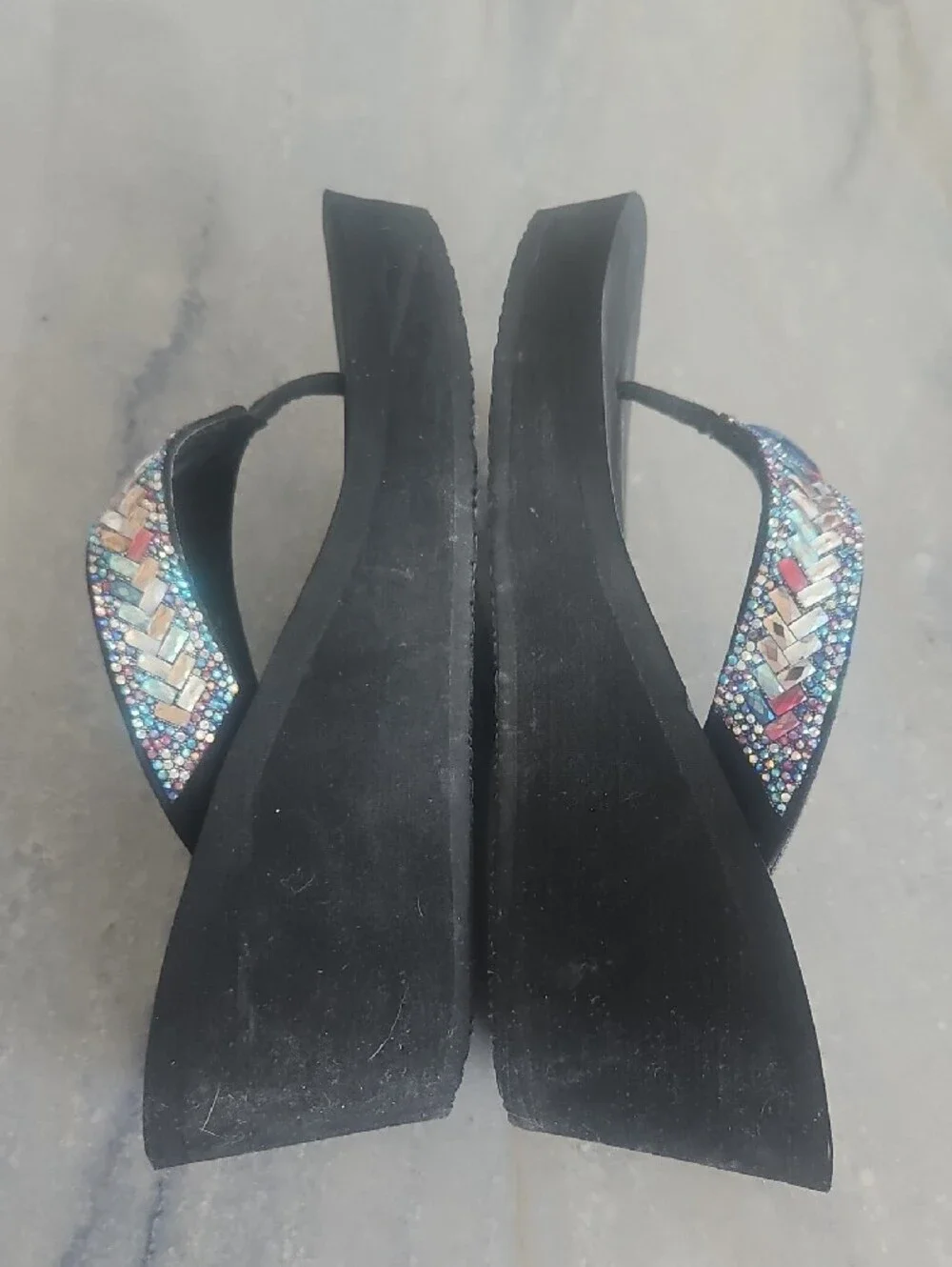 Yellow Box Black Wedge Sandals with Multicolor Jewel Accents